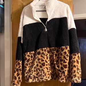 Leopard Print Teddy Jacket - Black, White, and Brown